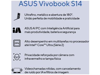 Imagem de Notebook ASUS Vivobook S14 Intel Core Ultra 5 com IA Integrada 225H 16GB RAM 512SSD 14" Windows 11