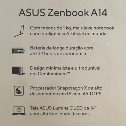 Imagem de Notebook ASUS Zenbook A14 OLED UX3407QA SNAPDRAGON X1 26 100 32Gb Ram 1TB SSD Windows 11 Home Tela 14" FHD Bege - QD391W