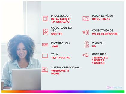 Imagem de Notebook Dell Inspiron 15 Intel Core i7 16GB RAM 1TB SSD 15,6" Full HD Windows 11 i15-i1300-A80P
