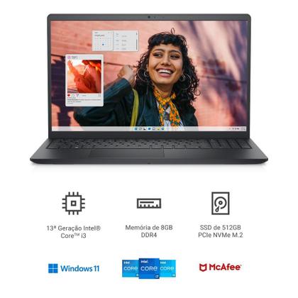 Notebook Dell Inspiron I15-I1300-M10P 15.6" Full HD 13ª Gen Intel Core i3 8GB 512GB SSD Win 11 Preto Carbono Imagem de Notebook Dell Inspiron I15-I1300-M10P 15.6" Full HD 13ª Gen Intel Core i3 8GB 512GB SSD Win 11 Preto Carbono