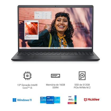 Notebook Dell Inspiron I15-I1300-M50P 15.6" Full HD 13ª Gen Intel Core i5 16GB 512GB SSD Win 11 Preto Carbono Imagem de Notebook Dell Inspiron I15-I1300-M50P 15.6" Full HD 13ª Gen Intel Core i5 16GB 512GB SSD Win 11 Preto Carbono