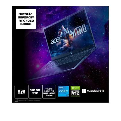 Imagem de Notebook gamer acer nitro v15 anv15-52-56pd core i5 15.6" nvidia rtx4050 512gb ssd 8gb ram windows 11 home 64-bits