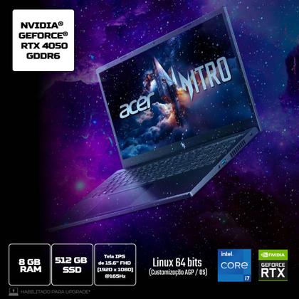 Imagem de Notebook Gamer Acer Nitro V15 ANV15-52-778T Intel Core i7-13620H 8GB RAM 512GB SSD RTX4050 Linux