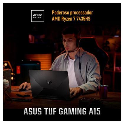 Imagem de Notebook Gamer ASUS TUF Gaming A15, AMD RYZEN 7 7435HS, 8GB RAM, 512GB SSD, RTX 2050 KeepOS, 15,6" FHD, Preto Grafite - FA506NFR-HN069