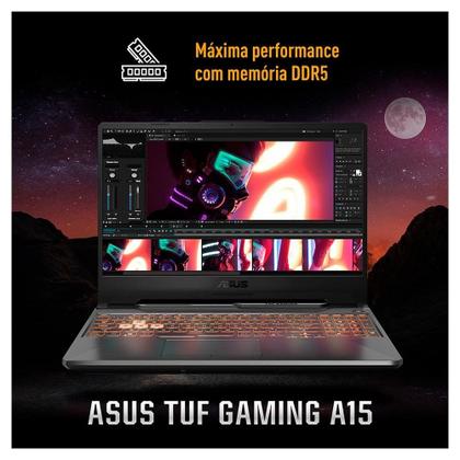 Imagem de Notebook Gamer ASUS TUF Gaming A15, AMD RYZEN 7 7435HS, 8GB RAM, 512GB SSD, RTX 2050 KeepOS, 15,6" FHD, Preto Grafite - FA506NFR-HN069