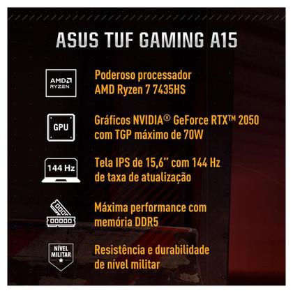 Imagem de Notebook Gamer ASUS TUF Gaming A15, AMD RYZEN 7 7435HS, 8GB RAM, 512GB SSD, RTX 2050 KeepOS, 15,6" FHD, Preto Grafite - FA506NFR-HN069