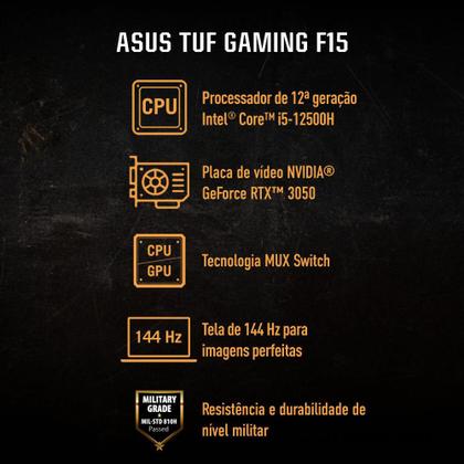 Imagem de Notebook Gamer ASUS TUF Gaming F15 FX507ZC4 RTX 3050 Intel Core i5 12500H 8Gb Ram 512Gb SSD Linux KeepOS Tela 15,60" 144Hz Gray - HN100