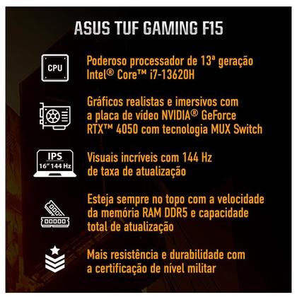 Imagem de Notebook Gamer Asus Tuf Gaming F15,Intel Core i7-13620H,16GB/512GB SSD,RTX4050,W11 Tela 15.6.6.144Hz FX507VU-LP177W