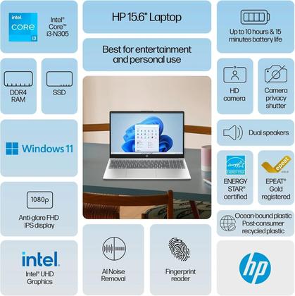 Imagem de Notebook hp 15fd0055tg 15.6 polegadas intel core i3 n305 8gb ram 256gb ssd prata
