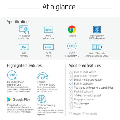 Imagem de Notebook HP X360 14a Chromebook 14 HD 4 GB 64 GB Intel Celeron