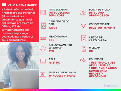 Imagem de Notebook Lenovo IdeaPad 1, Celeron, 4GB RAM, 128GB, 15.6", Win 11, Cinza - 82VX0001BR