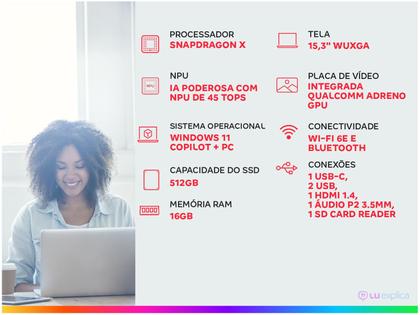 Imagem de Notebook Lenovo IdeaPad Slim3 Snapdragon X 16GB RAM 512GB SSD 15,3" ARM Win 11 Copilot+ 83TW0000BO
