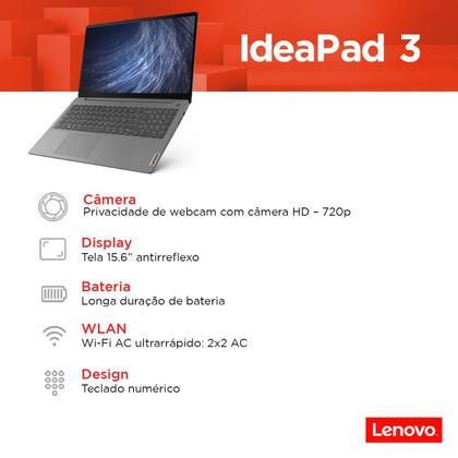 Imagem de Notebook Lenovo Ultrafino IdeaPad 3 R5-5500U 8GB 256GB SSD Windows 11 15.6" 82MF0003BR Prata