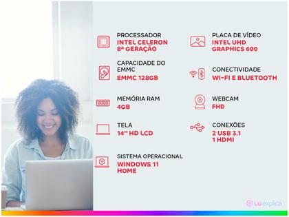 Imagem de Notebook Multi Windows 11 Tela de 14 Polegadas Intel Celeron N4020C Ultra
