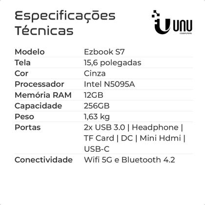 Imagem de Notebook UNU EZBook S7 15.6 Pol RAM 12Gb SSD 256Gb Intel N5095A