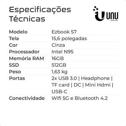 Imagem de Notebook UNU EZBook S7 Tela 15.6" RAM 16Gb SSD 512Gb Processador Intel N95