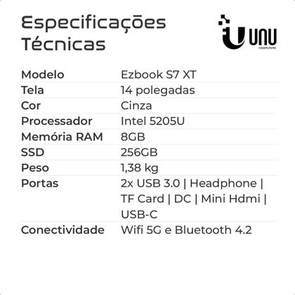 Imagem de Notebook UNU Ezbook S7 XT 14 pol 8gb Ram 256gb Intel 5205U