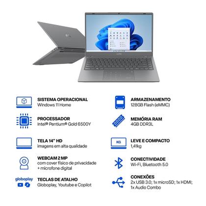 Imagem de Notebook, Windows 11 Home, Tela 14 Pol. HD, Pentium Gold 6500Y, 4GB, 128GB eMMC Cinza Ultra - UB364