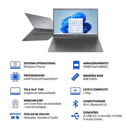 Imagem de Notebook, Windows 11 Home, Tela 15.6 Pol. FHD, Pentium Gold 6500Y, 8GB, 128GB eMMC Cinza Ultra - UB366