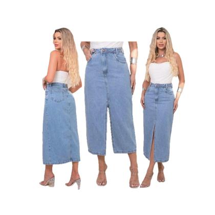 Imagem de Novidade  Saia Jeans Midi Feminina Fenda Simples  Premium