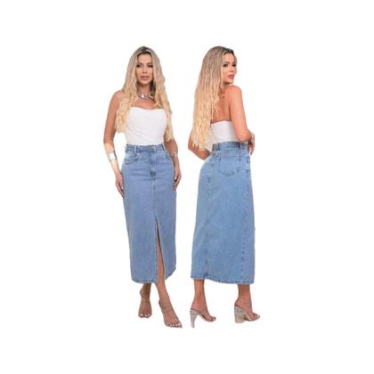 Imagem de Novidade  Saia Jeans Midi Feminina Fenda Simples  Premium