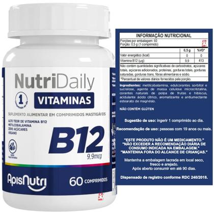 Imagem de Nutridaily vitamina b12 metilcobalamina 60 comprimidos mastigaveis frutas vermelhas - apisnutri