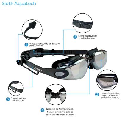 Imagem de Óculos de Natação Sloth Aquatech Antiembaçante Uv Mirror Com Protetor de Ouvido