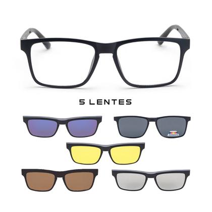 Imagem de Óculos de Sol com Armação Clip On 6 em 1 Masculino Preto Polarizado Quadrado Encaixe Imã Mod 2268