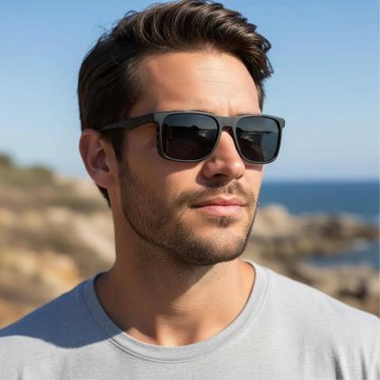 Imagem de Óculos de Sol Masculino Formato Quadrado Lente Preta Polarizada Com Proteção UV400 Armação Preto Fosco Design Versátil Esportivo Dia a Dia Casual 6266