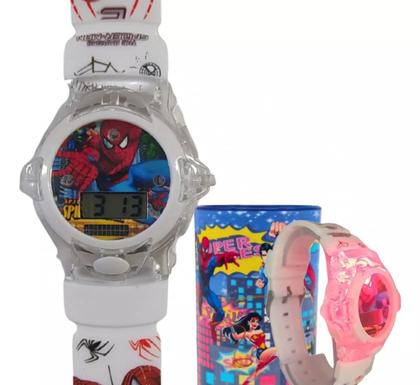 Imagem de Oculos e relogio musical com led branco e bone do homem aranha infantil masculino,novidade