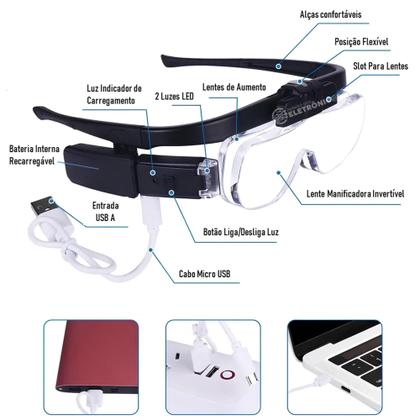 Imagem de Óculos Lupa Com Led Recarregável Até 4,5x Manutenção Jóias Possui Luzes LEDs MXW003