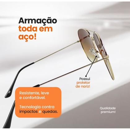 Imagem de oculos sol feminino banhado aviador aço inox ouro + case lente marrom casual presente qualidade premium original social