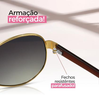 Imagem de oculos sol feminino banhado ouro aviador aço inox + case presente armação dourada casual original