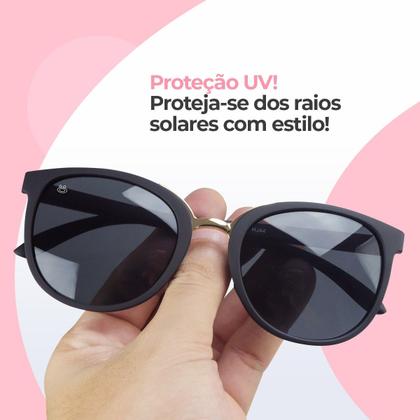 Imagem de Oculos Sol Feminino Emborrachado Proteção UV Redondo + Case preto original estiloso moda qualidade premium casual