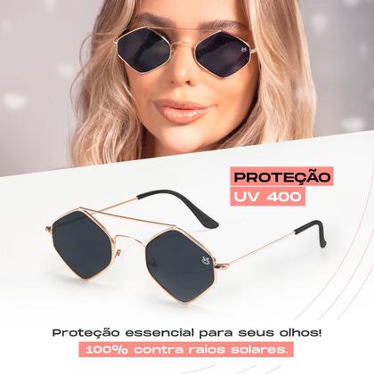 Imagem de oculos sol feminino losango aço metal proteção uv + case maria casual qualidade premium presente