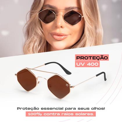 Imagem de oculos sol feminino losango marrom proteção uv metal + case casual hype praia presente verão moda