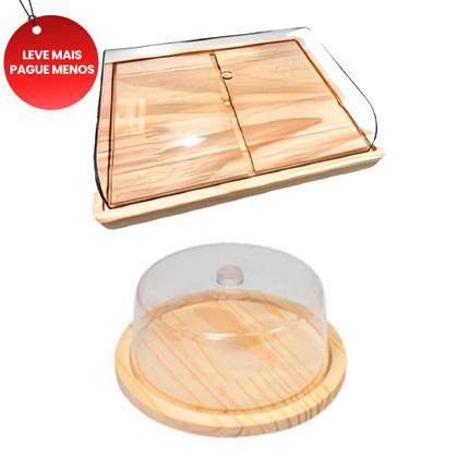 Imagem de OFERTA KIT 2pçs Porta Frios MÉDIO 21X16,5CM, Boleira de Madeira NATURAL Cozinha, Café, Bolos, Mesa posta