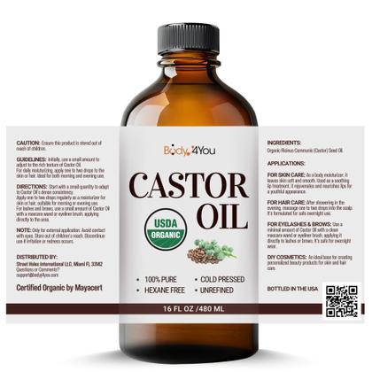 Imagem de Óleo de rícino Bodyj4you 473 ml USDA orgânico prensado a frio sem hexano
