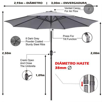 Imagem de Ombrelone 3 metros Com Base Preta Articulado De Manivela Maresias Para Piscina - AMZ