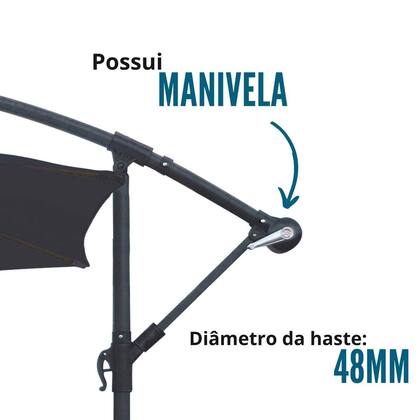Imagem de Ombrelone Lateral Articulado Alumínio 3,5m Preto Grande Piscina com Base Importway Iwobl-350 Pt