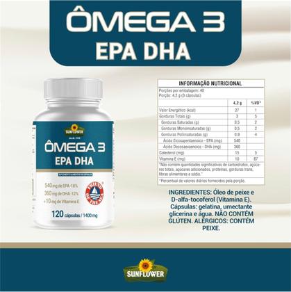 Imagem de Omega 3 1400 mg Único com Dois Selos Altos Níveis EPH - DHA + Vitamina E - 120 cápsulas Sunflower.