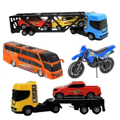 Imagem de Ônibus De Brinquedo + Caminhão + Reboque 3 Pickup + Moto