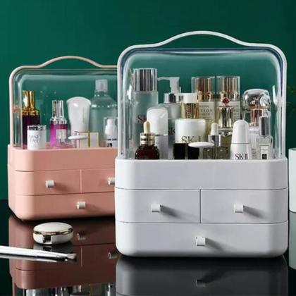 Imagem de Organizador Cápsula Porta Maquiagem Jóias Cosmético Portátil Caixa Acrílico Com Alça 3 Gavetas