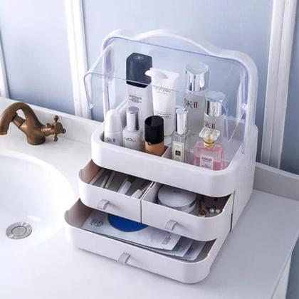 Imagem de Organizador Cápsula Porta Maquiagem Jóias Cosmético Portátil Caixa Acrílico Com Alça 3 Gavetas