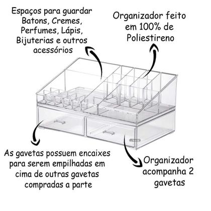 Imagem de Organizador De Cosmético Maquiagem Porta Joias Caixa Acrilica Gaveta Dupla Tamanho Grande