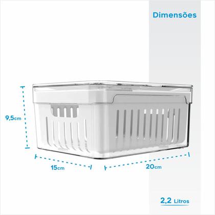 Imagem de Organizador de Geladeira 2.2 Litros OU Alimentos Vegetais Com Tampa Cesto Drenável Removível Válvula Ventilação