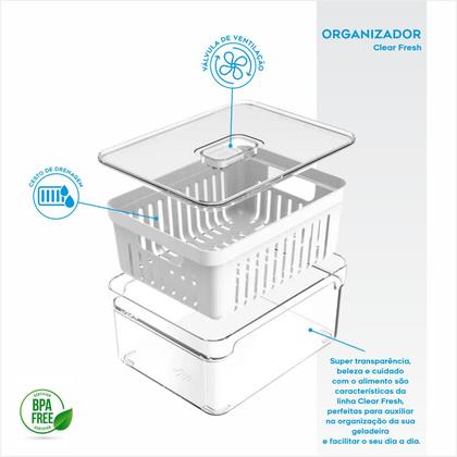 Imagem de Organizador de Geladeira 2.2 Litros OU Alimentos Vegetais Com Tampa Cesto Drenável Removível Válvula Ventilação