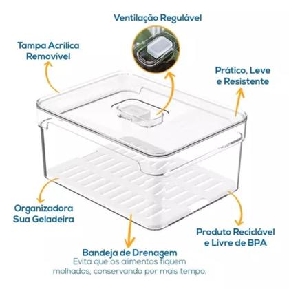 Imagem de Organizador de geladeira acrílico 3,8Lts pote com tampa bandeja porta frutas e legumes