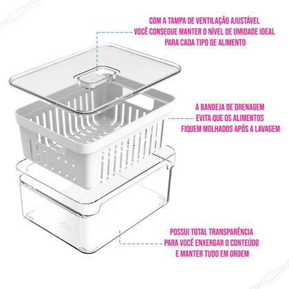 Imagem de Organizador de Geladeira Clear Fresh Natural Com Cesto Escorredor Travas e Válvula Ou