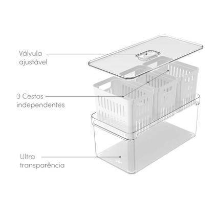 Imagem de Organizador De Geladeira com 3 Cestos e Tampa Acrílico 5L Clear Fresh